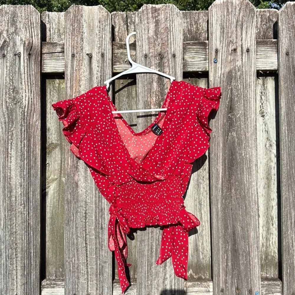 Red Polka Dot Ruffle Wrap Blouse